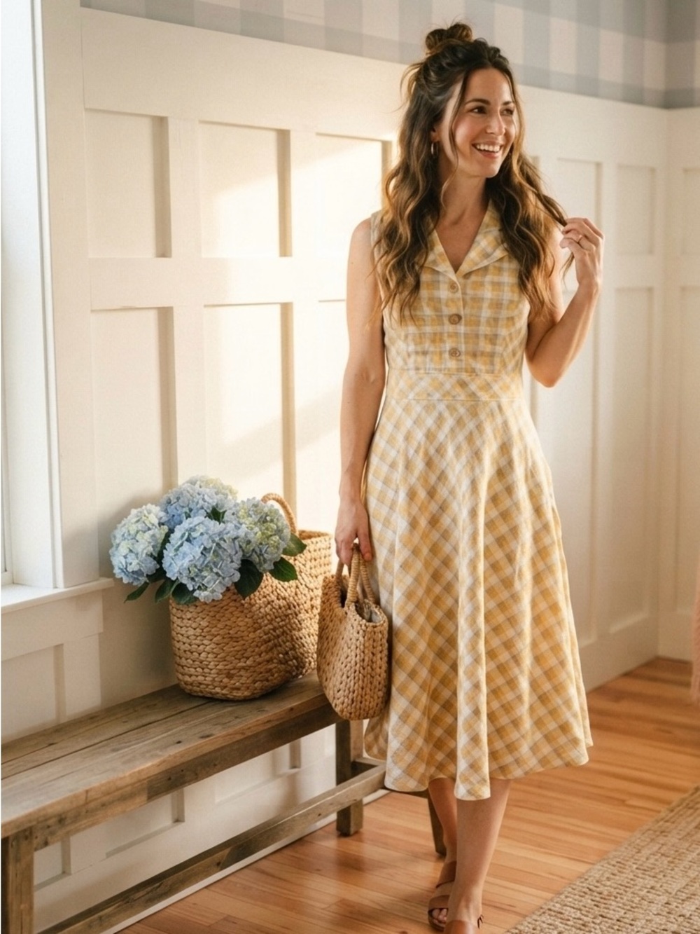 AND Yellow Plaid Sleeveless Midi Dress